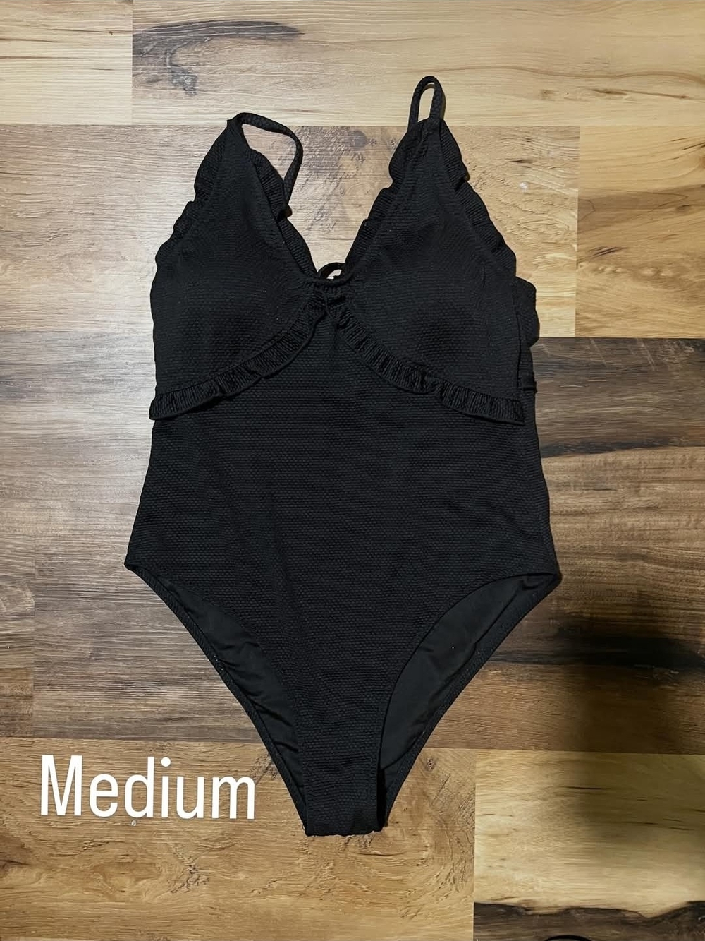 Womens Black One-Piece Swimsuit with Ruffle Trim